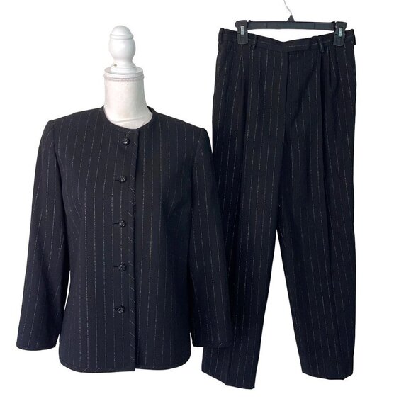 David Hayes Womens Wool Suit Black Size 8 Vintage Crepe Metallic Silver Thread - Picture 1 of 12